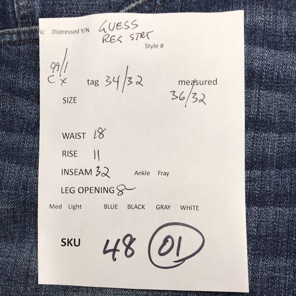 GUESS Jean Men 36x32 (34/32 tag) Regular Straight Whisker Faded - Picture 16 of 16